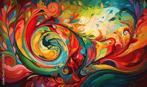  a painting of colorful swirls on a black background with a red background and a white background with a blue, green, yellow, red, orange, and red swirl.  generative ai