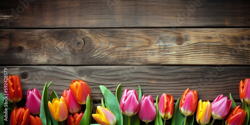 Tulips banner on a wood texture, background, spring