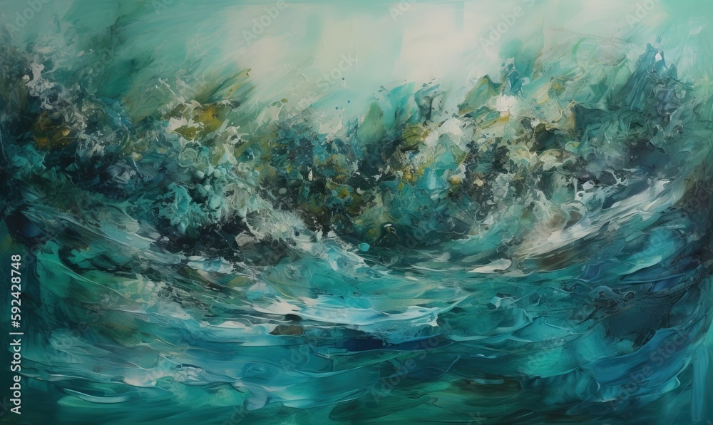 Obraz premium a painting of a wave crashing over the ocean with green and blue colors on the bottom of the painting and bottom of the painting is blue and white. generative ai