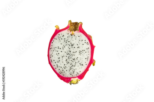 An isolated red dragon fruit or pitaya lying on a white background