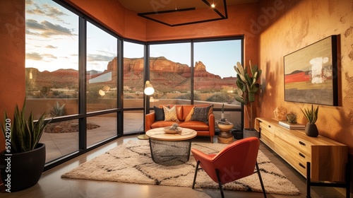 Scenic Sedona red mountains southwest online webinar Zoom meeting interior home office room study background with window views for teams video calls. Created using Generative AI.