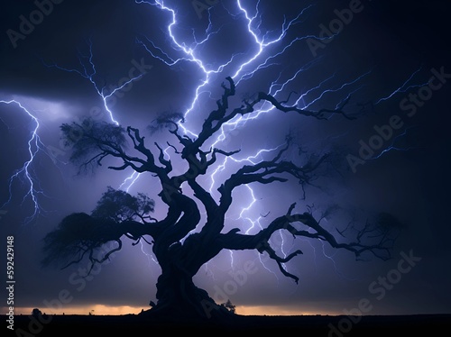 Ein Baum der von dem Blitz getroffen wird