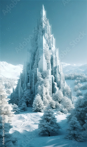 huge ice mountain building, winter, snow. Generative AI image.