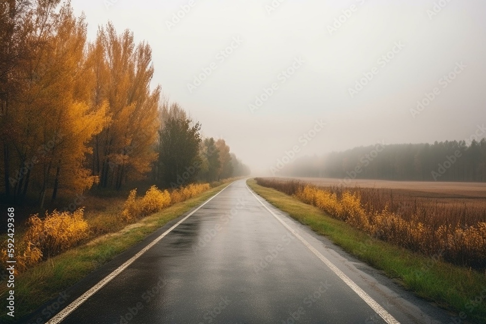 autumn highway view, freedom travel landscape. Generative AI