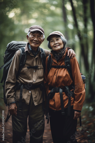 Natureza, caminhadas e retrato do velho casal de mãos dadas na aventura na floresta, floresta e montanha para o exercício. Fitness, aposentadoria e idosos felizes e idosos sorriem caminhando para o be