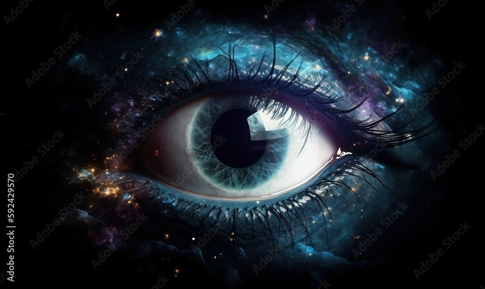  a close up of a blue eye with stars in the sky in the background and a black hole in the center of the eye is the image.  generative ai