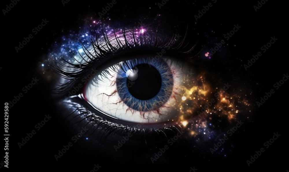  a close up of a blue eye with stars in the sky in the background and a bright light in the center of the eye is the eye.  generative ai