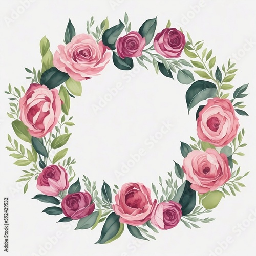 Watercolor floral frame - green leaves, burgundy maroon pink peach blush white flowers leaf branches. Wedding invitations stationery greetings wallpapers fashion prints.Created using generative AI.