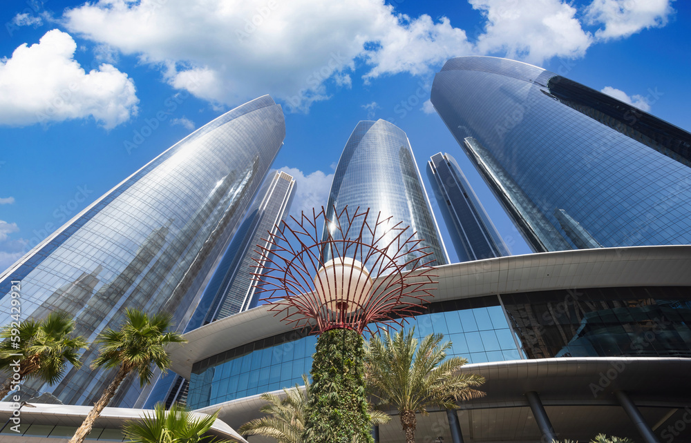 UAE, United Arab Emirates, Abu Dhabi downtown panorama and financial center skyline.