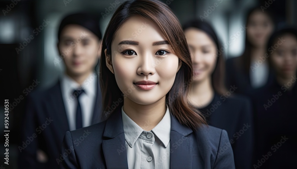 Attractive asian businesswoman woman posing at her work place with coworkers in the background. Generative AI Attractive asian businesswoman woman posing at her work place with coworkers in the background. Generative AI