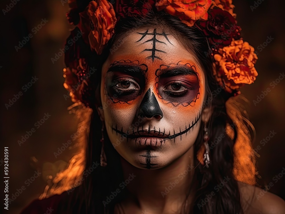 Dia de los muertos, Mexican holiday of the dead and halloween. Woman with sugar skull make up and flowers. generative AI