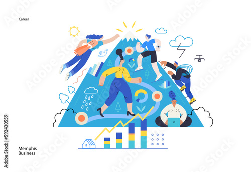 Memphis business illustration. Career-modern flat vector concept illustration of people climbing the mountain. Climbing up the career ladder process metaphor. Corporate business metaphor