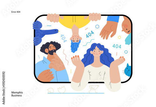 Memphis business illustration. Error 404 -modern flat vector concept illustration of page Error 404 - puzzled people on the tablet screen. Page not found metaphor. Corporate business sales concept