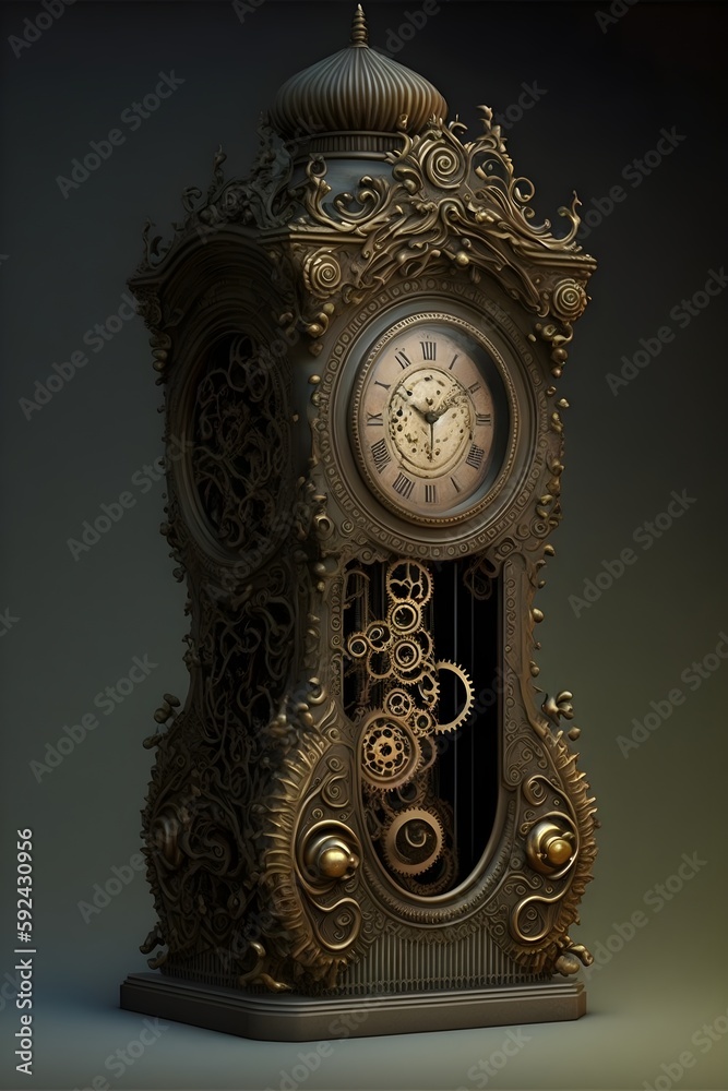surreal grandfather clock visible intricate bronze gears pendulum 2
