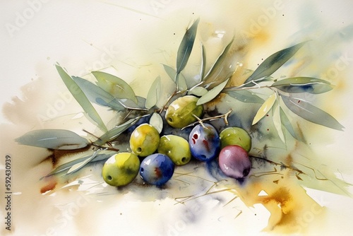 Olives, watercolor. Generative AI