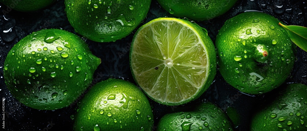 Full frame Overhead shot of green limes on wooden background. Generative AI Full frame Overhead shot of green limes on wooden background. Generative AI