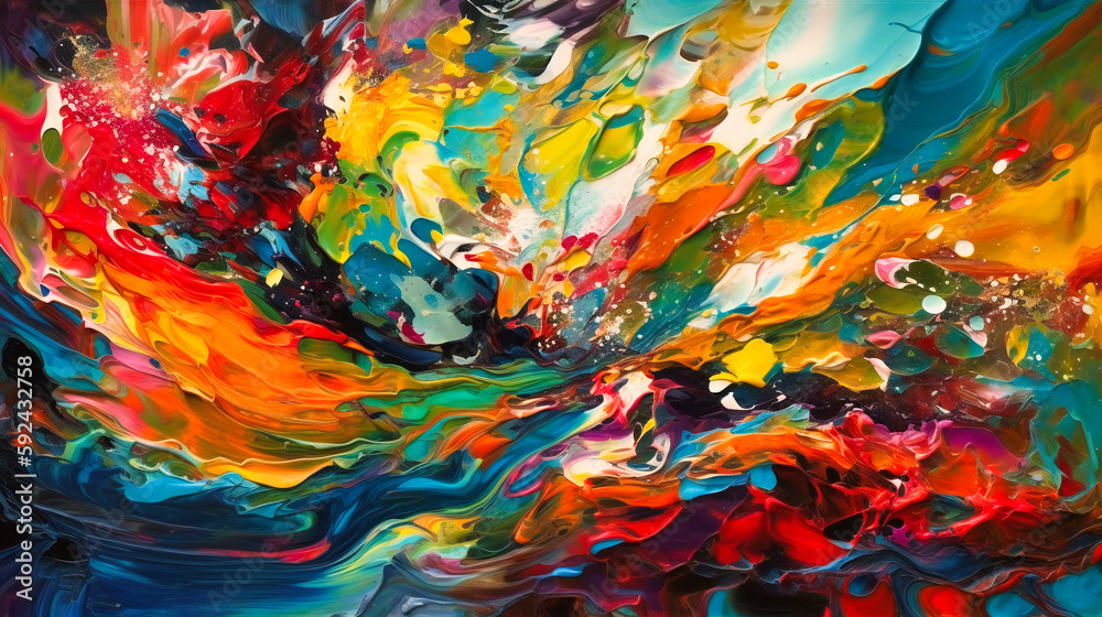 An abstract expressionist painting with bold, vibrant colors and sweeping brushstrokes