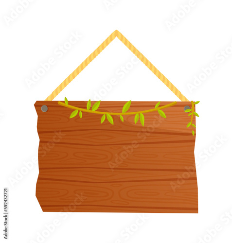 Wooden sign in jungle style. Place for text. Marketing and advertising, announcement. Blank and empty panel. Poster or banner for website. Cartoon flat vector illustration