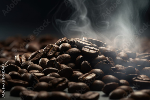 Coffee beans in smoke from coffee on a dark background. generative ai