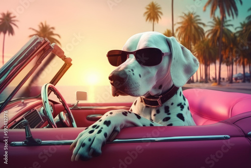 Dalmatian dog on a sunset background in pastel colors, summer photo of a dog in glasses driving on a background of palm trees. Generative AI.