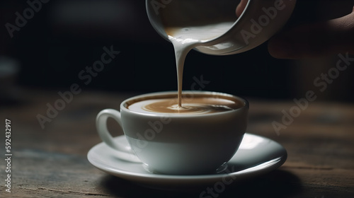 a cup of coffea with milk stirred in, slowly turning