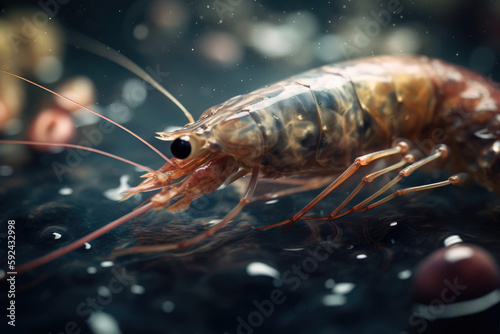 A shrimp swims in the water in the ocean or sea, close up of the shrimp. generative ai