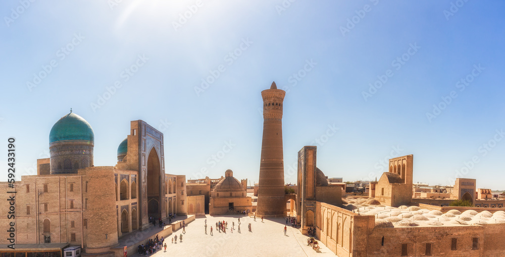 Ensemble Poi Kalyan : Kalyan Minaret, the Kalyan Mosque and the Miri-Arab . Bukhara, Uzbekistan