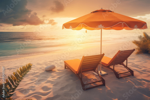 Two sunbeds on the sand on the beach near the ocean  tropics and sea  palm trees and beach umbrella  weekend summer vacation  sun setting. generative ai