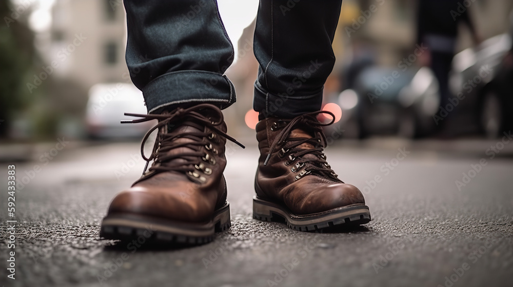 Male hiker walking through town, close-up of leather hiking boots