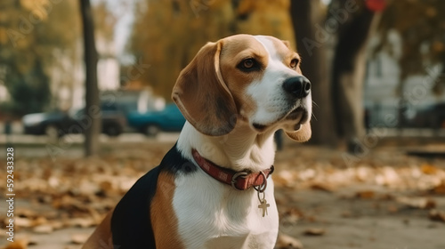 Joyful beagle with a red collar walks in the park