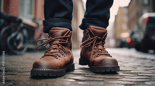 Male hiker walking through town, close-up of leather hiking boots