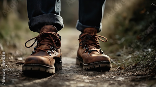Male hiker walking through town  close-up of leather hiking boots
