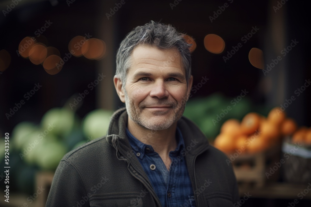 Portrait of smiling middle-aged man standing in a vegetable store Portrait of smiling middle-aged man standing in a vegetable store
