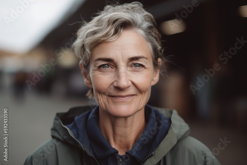 Portrait of smiling senior woman looking at camera on street in city