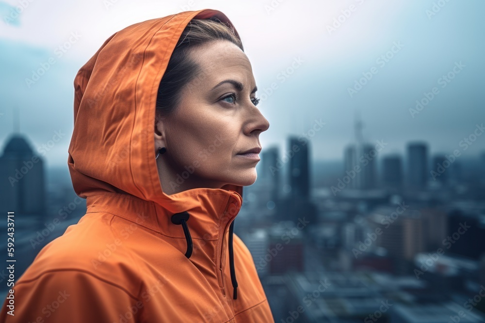 Photography in the style of pensive portraiture of a pleased woman in her 40s wearing a comfortable tracksuit against a futuristic city or skyline background. Generative AI Photography in the style of pensive portraiture of a pleased woman in her 40s wearing a comfortable tracksuit against a futuristic city or skyline background. Generative AI