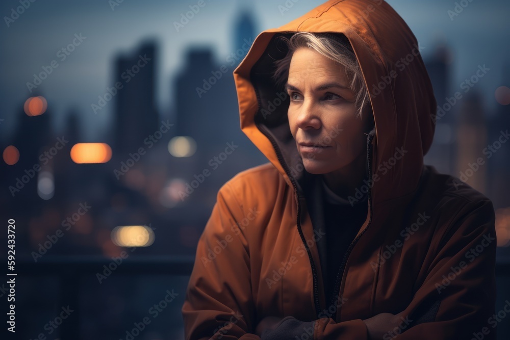Portrait of mature woman in hoodie looking at camera with city view Portrait of mature woman in hoodie looking at camera with city view