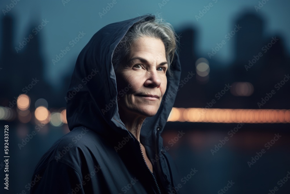 Portrait of senior woman in hooded sweatshirt at night. Portrait of senior woman in hooded sweatshirt at night.
