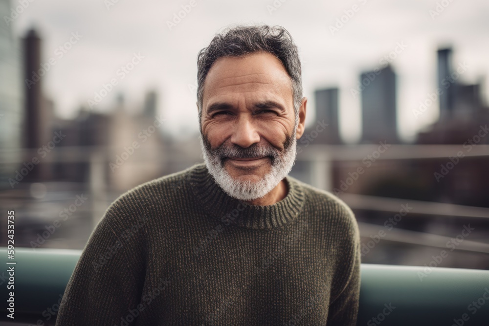 Portrait of a senior man with gray hair and beard, wearing a green sweater, looking at the camera with a smile.