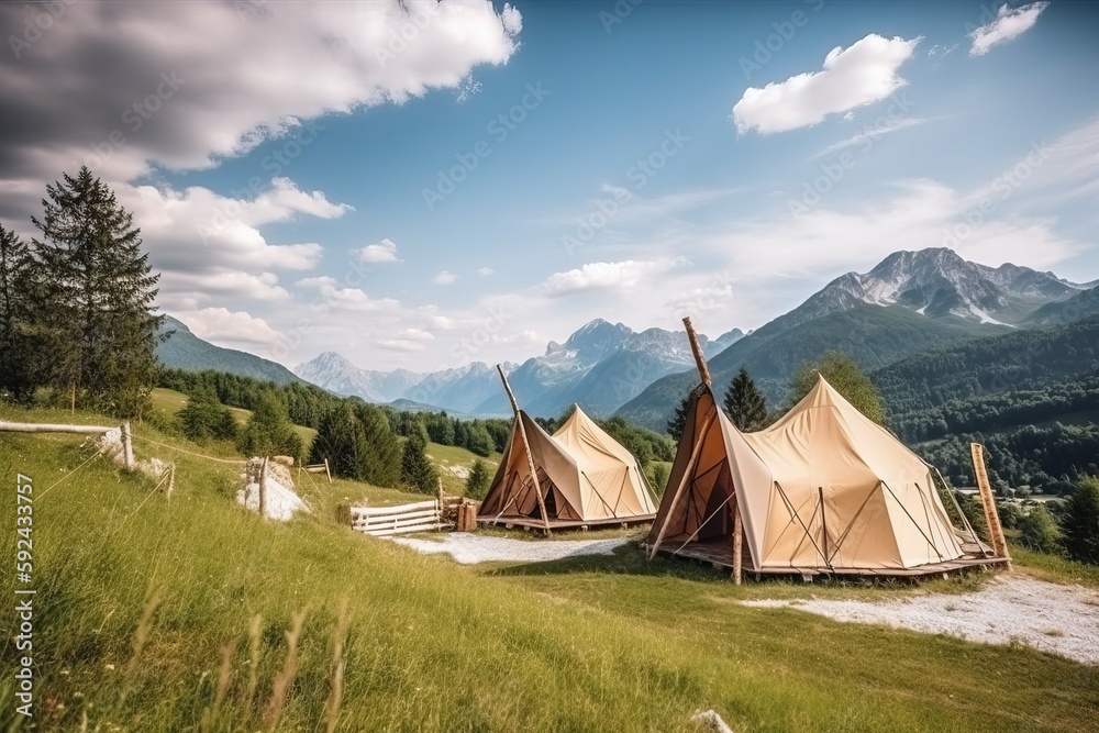luxury glamorous camping. glamping in the beautiful nature, generative artificial intelligence
