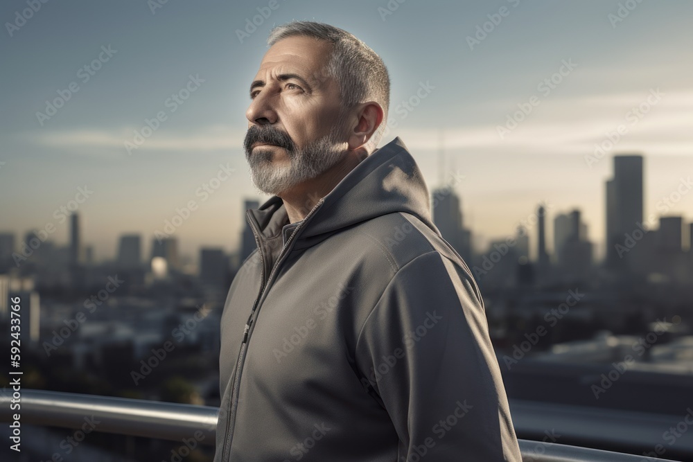 Handsome middle-aged man with grey hair and beard looking away while standing on the balcony with city view