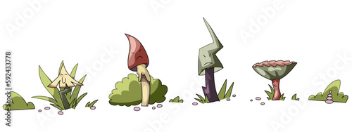 Cute vector mushrooms growing in a clearing with angry faces, sharp spiky hats.