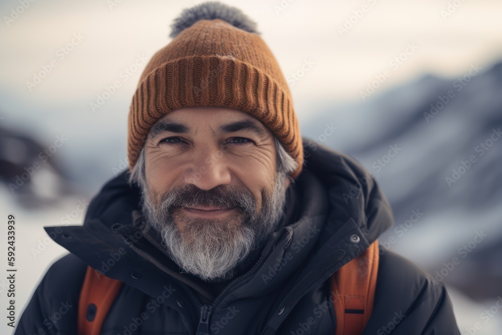 Portrait of a bearded man in a knitted hat and jacket on the background of mountains Portrait of a bearded man in a knitted hat and jacket on the background of mountains