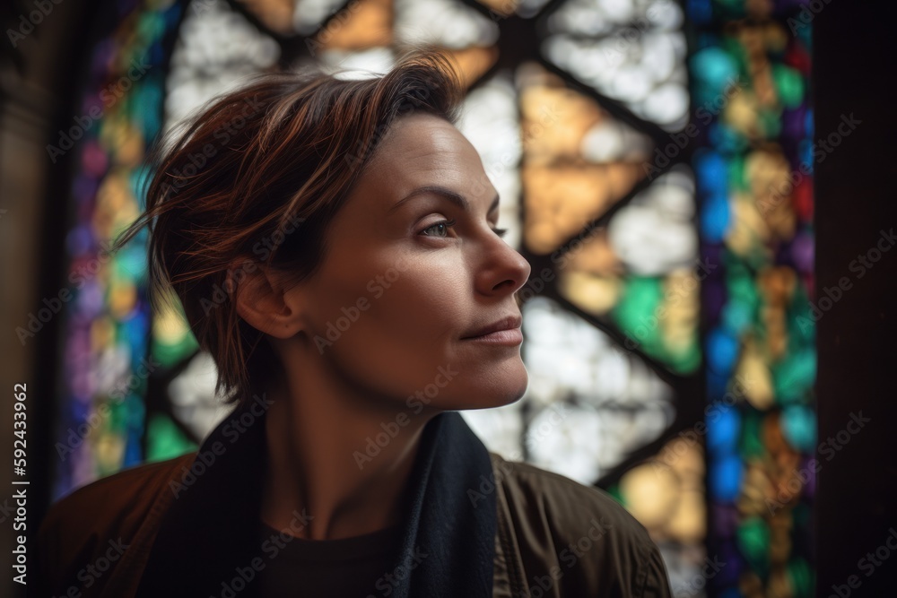 Portrait of a beautiful young woman in front of a stained glass window