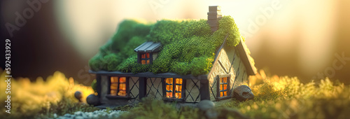 sunlight shining on a small house with thorn green, fantasy art, mushroom core, sunrays shining. Generative AI.
