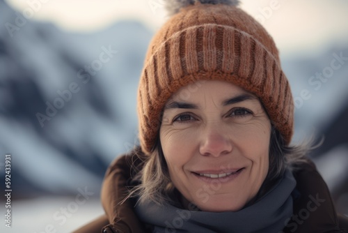 Portrait of a middle-aged woman in a hat and scarf on the background of mountains