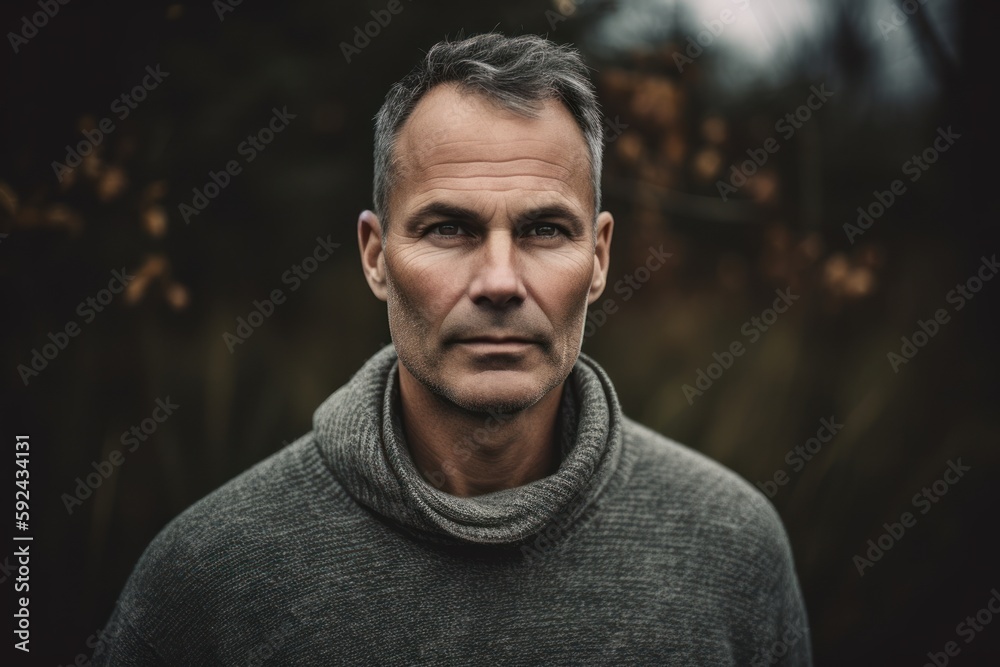 Portrait of a handsome middle-aged man in a gray sweater.