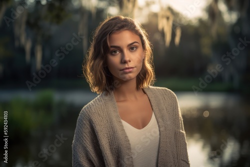 Portrait of a beautiful young woman in a sweater in the park