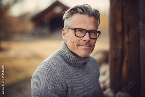 Portrait of a handsome mature man in a gray sweater and glasses