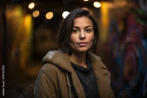 Studio portrait photography of a tender woman in her 30s wearing a cozy sweater against a graffiti background. Generative AI