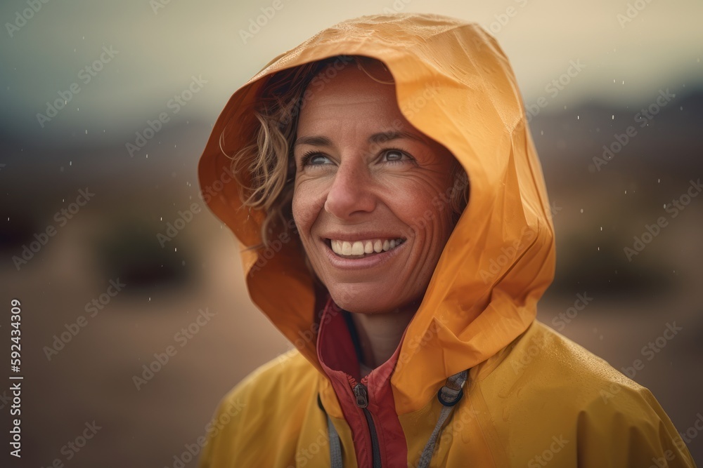 Portrait of a smiling woman in a raincoat at the beach